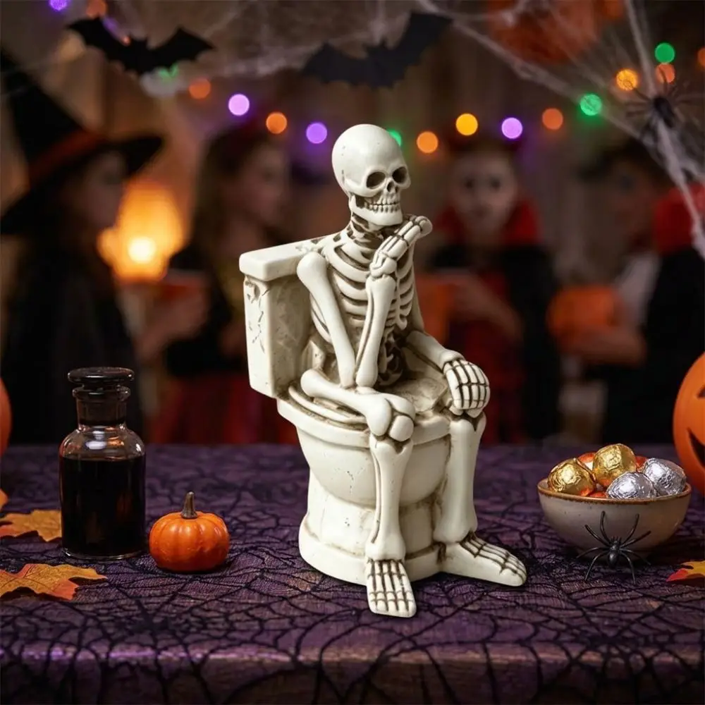 Vintage Skeleton on Toilet Figurine Resin Spooky Atmosphere Halloween Skeleton Statue Fade-Proof Gothic