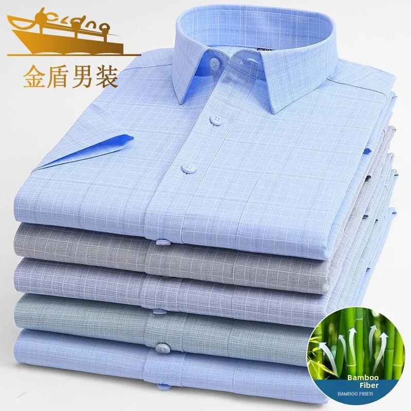 

Men's Short Sleeve Shirt Thin Bamboo Fiber Casual Business Casual Wear Resistant Wrinkle Free Checkered Pattern Daily Wear