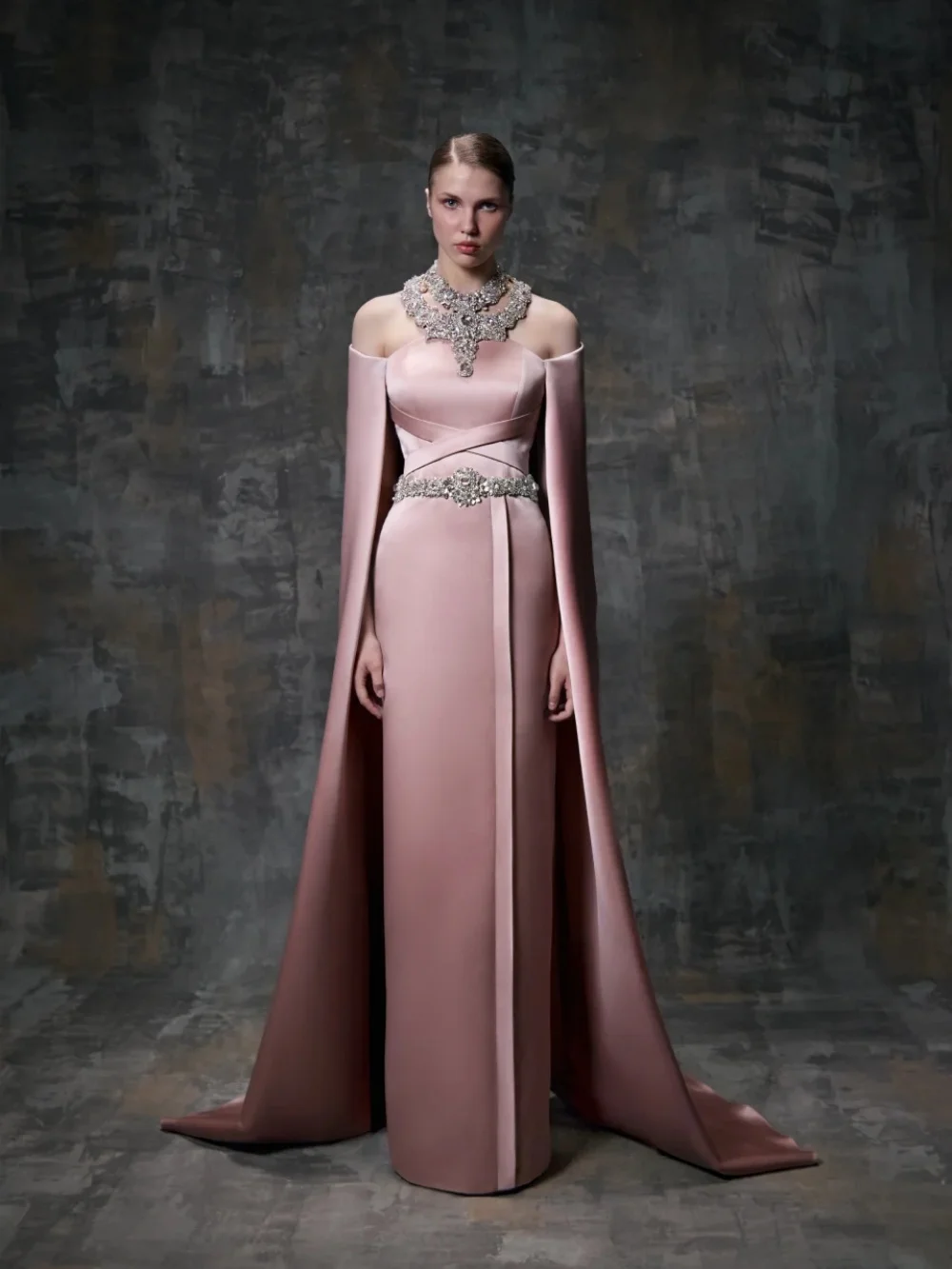 

Elegant Pink Satin Evening Dress Shinny Beaded Cape Sleeve Wedding Party Gowns Customized Stylish Straight Long Banquet Gowns