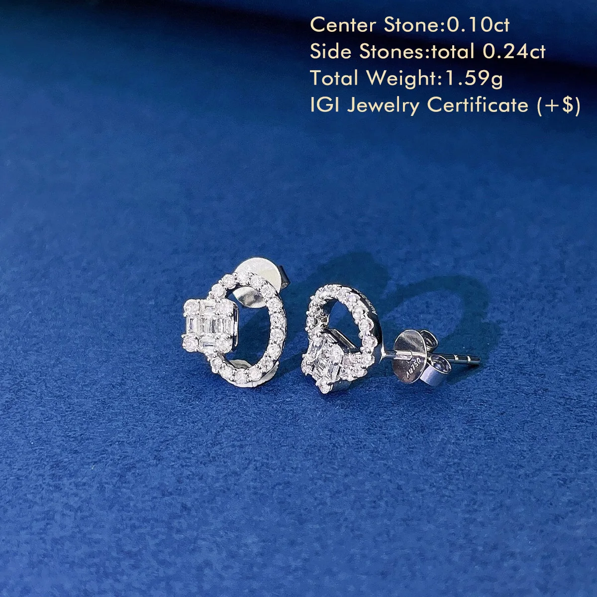 Baguette and Round Natural Diamond Earrings 18K White/Rose Gold Hoop Cube Shaped Total 0.34ct Natural Diamond Stud Earrings