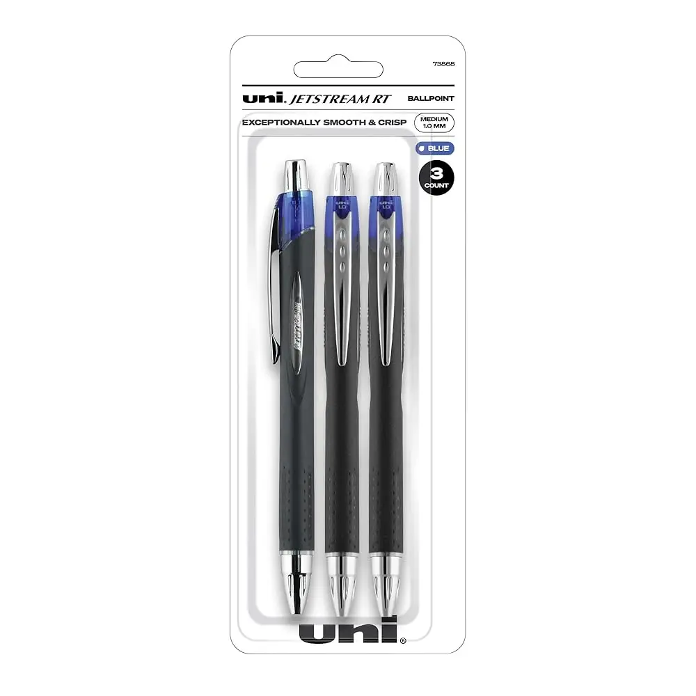 

uni-ball ® Джетстрим ™ Ручки шариковые выдвижные RT, с толстым наконечником, 1,0 мм, черный корпус, синие чернила, упаковка из 3 штук