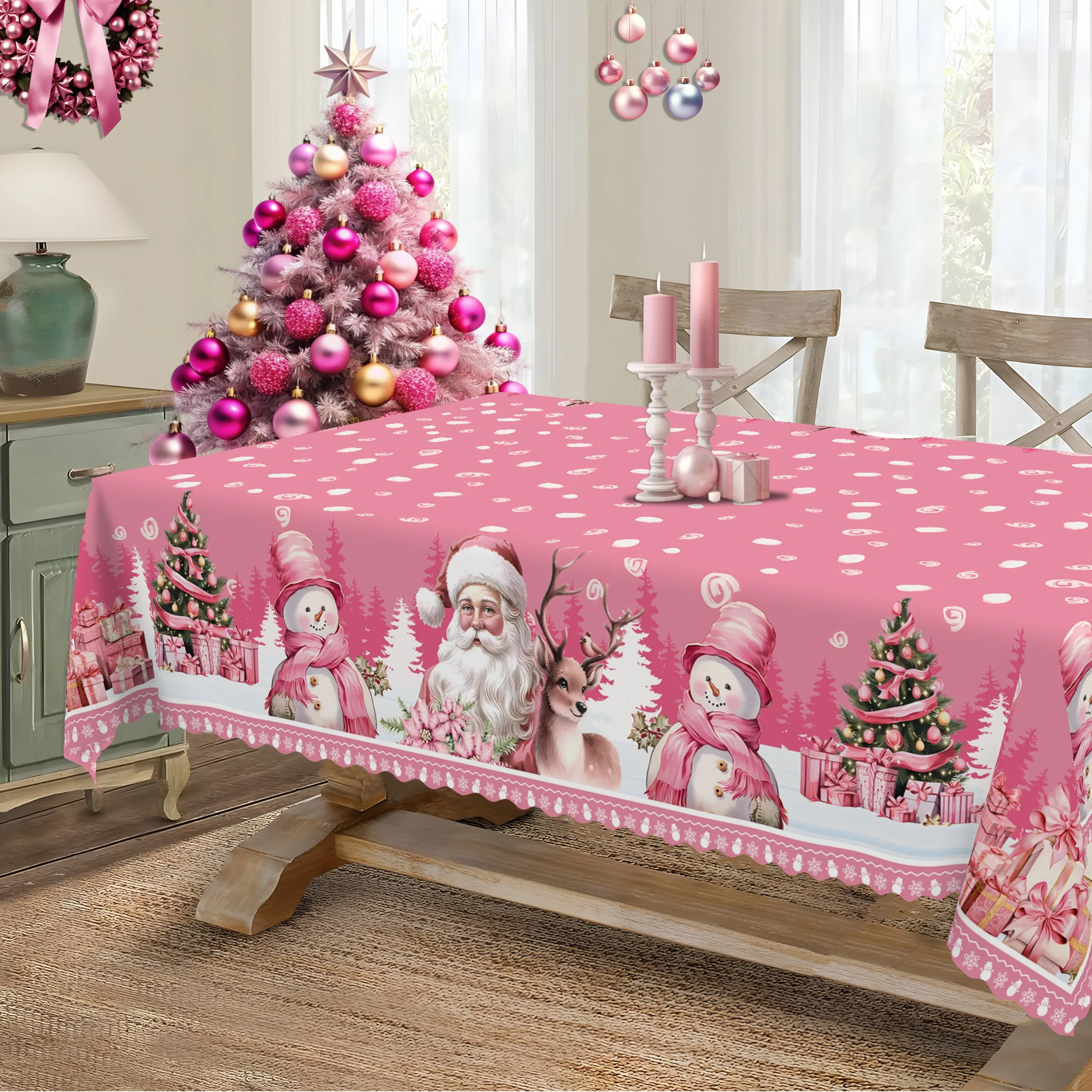 One circular Christmas tablecloth, a pink Santa Claus and reindeer snowman tablecloth, retro pink color.zyc