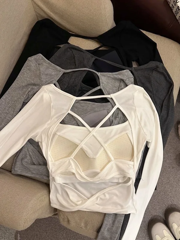 

Cross Back Long Sleeve T-Shirt Women's Inner Wear Pad Bra Slim Short Base Shirt Korean Style Knitted Hollow out Design Autumn...