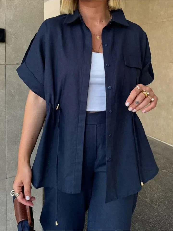 ชุดเซ็ตสองชิ้นสำหรับผู้หญิง ฤดูร้อน ปี 2025 เสื้อทรงหลวม กางเกงขายาวเอวสูงทรงกว้าง ชุดลำลองทันสมัย สไตล์หรูหรา ชุดสูทลำลอง ชุดสองชิ้นสำหรับผู้หญิง