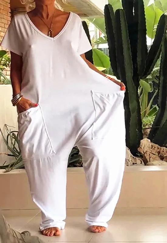 

Летний женский модный однотонный боди с v-образным вырезом и карманами, повседневный свободный комбинезон