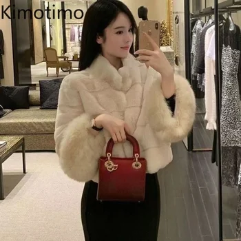 Image Kimotimo Elegant Fur Jacket Women 2024 Autumn Winter Fashion All Match Short Coats Korean Thick Warm Long Sleeve Tops Jaquetas