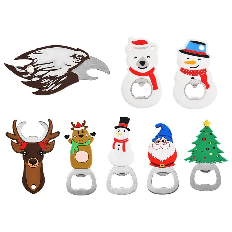 Christmas Bottle Opener Santa Snowman Elk Beer Eagle Silicone Stainless Steel Beer Openers Fridge Magnets Kitchen Tools Openers