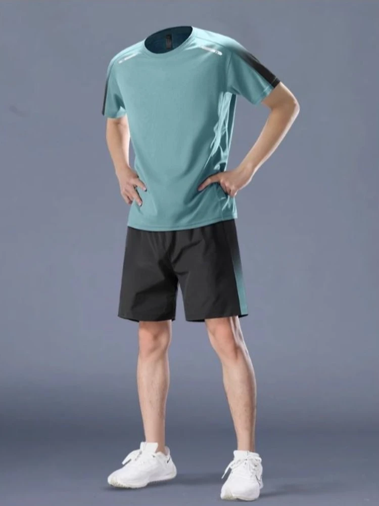 

Men's Ice Silk Sports Set Summer Quick Dry Short Sleeve T-Shirt Shorts Breathable Gym Workout Running Badminton Training Suit
