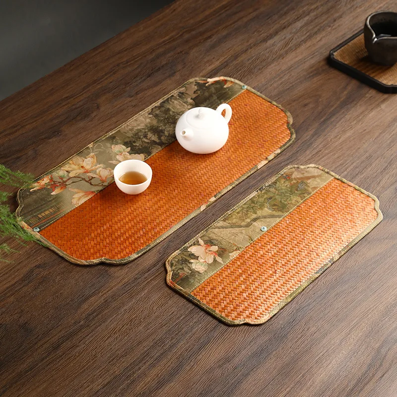 HeMu Bamboo Woven Satin Tea Mat Handmade Double-sided Chinese Style Zen Dry Foam Mat Tea Table Flag Tablecloth Tea Cloth