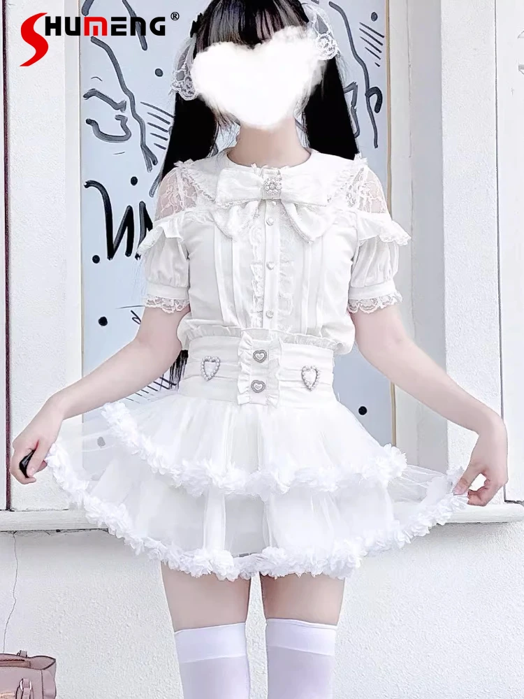 

Original Japanese Mine Style Mass-produced Lace Splicing Doll Collar Bubble Sleeve Heart Single-breasted Sweet Shirts Tops Women