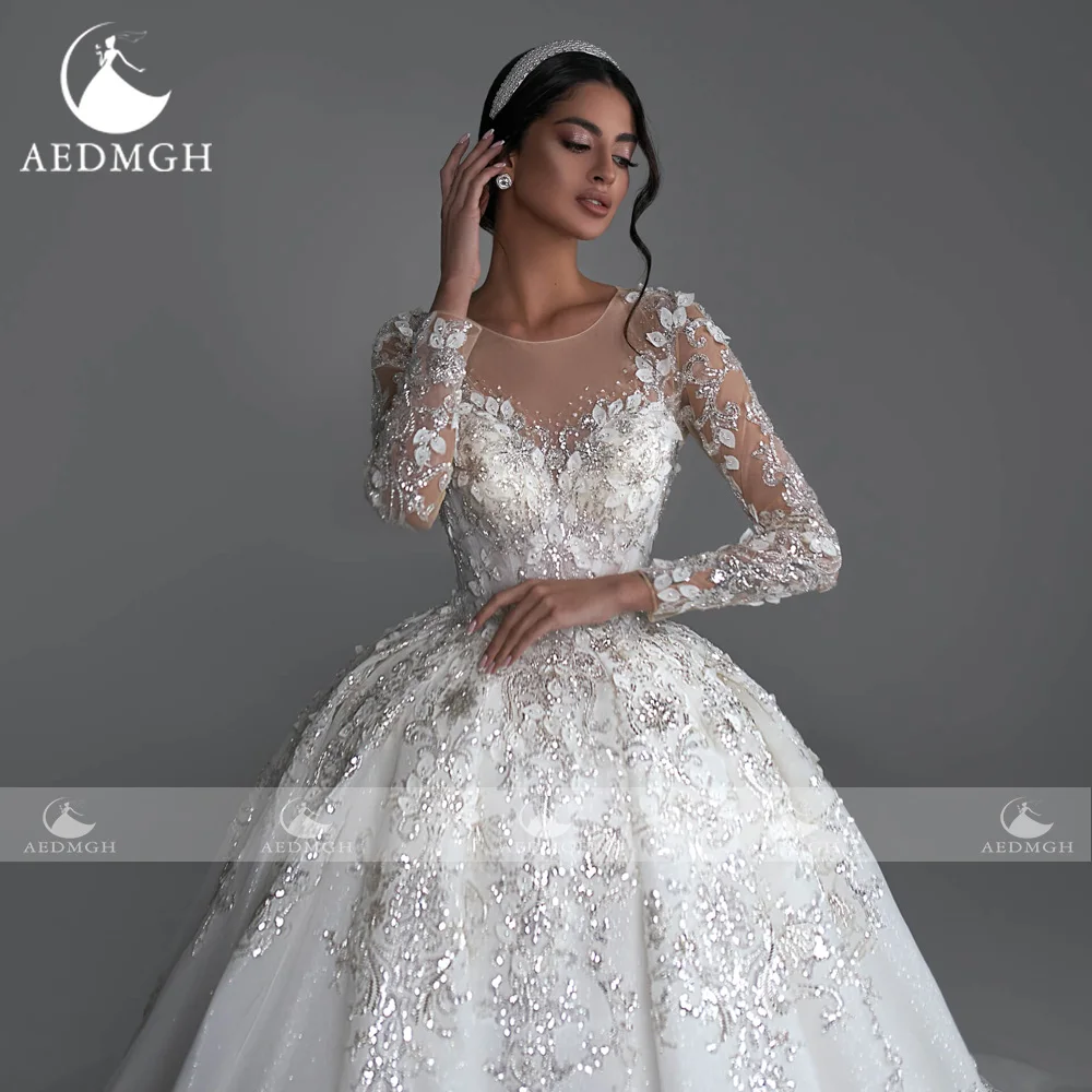 Aedmgh Luxury Princess Wedding Dresses 2024 O-Neck Long Sleeve Robe De Mariee Glitter Lace Beaded Ball Gown Vestido De Novia