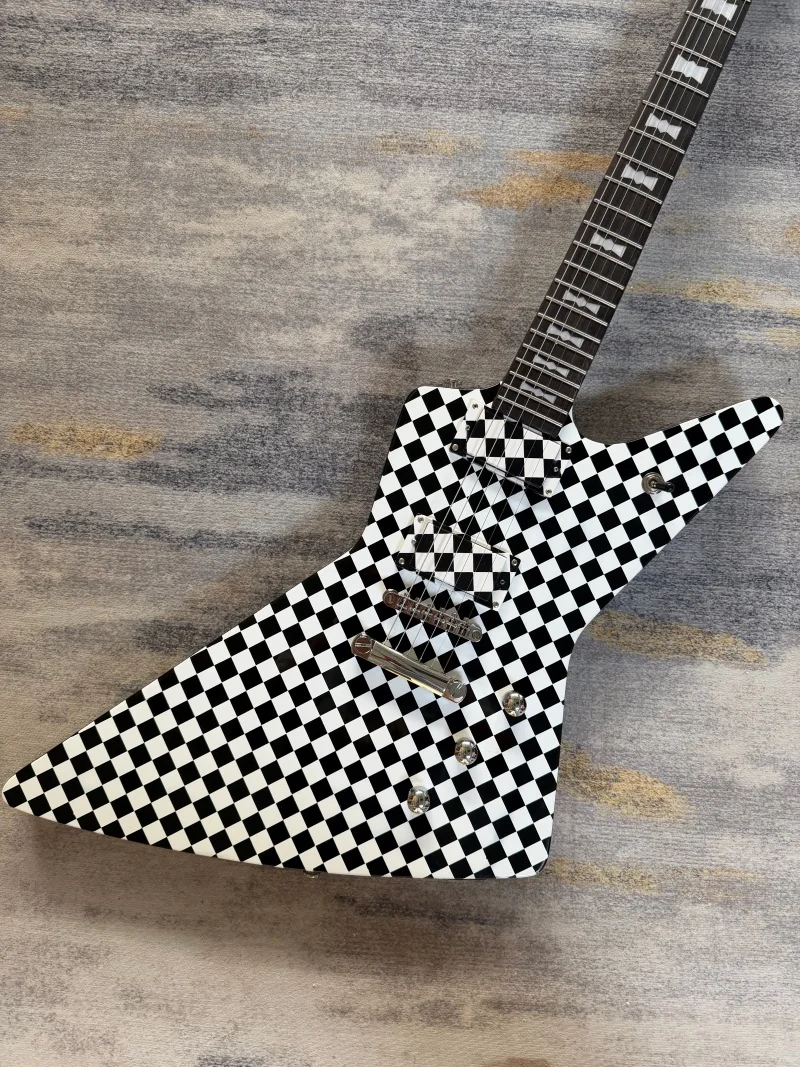 Chinese Electric Guitar white and black checks hand made guitar Explorer