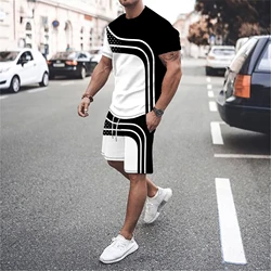 3D printed men's luxury T-shirt sportswear 2-piece set, sports short sleeved round neck, casual style, full set of clothing