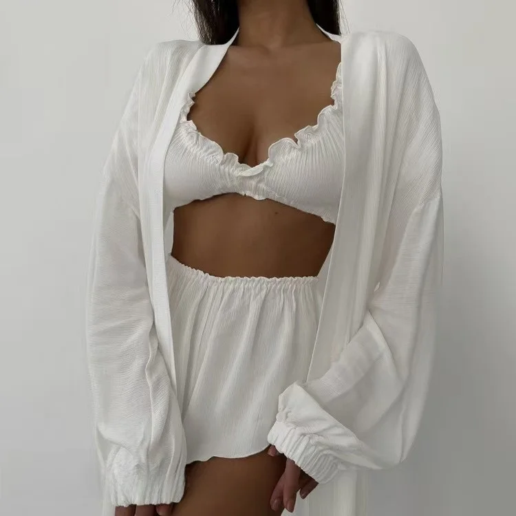 

Сексуальный комплект футболок, жилет, кардиган, брюки, домашняя одежда, Long Sve V-ne Thiened, летняя повседневная однотонная женская одежда...