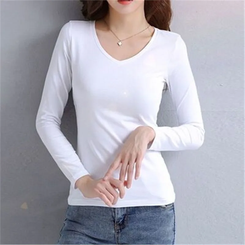 1pcs Women Autumn Thin Long-sleeved T-shirt Lady Thermal Underwear  Slim Fit Fashion New Style Round-neck V-neck Top