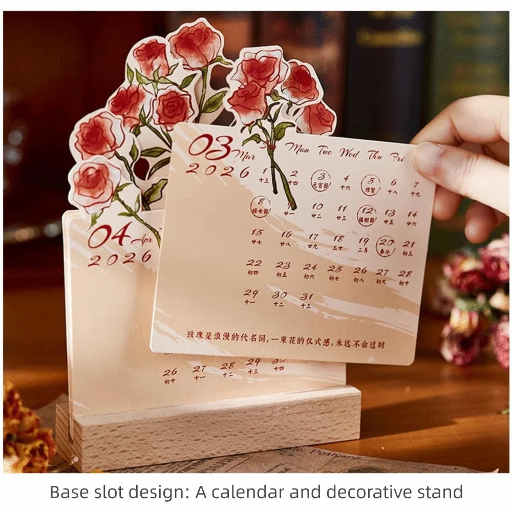 Portable 2026 Desk Calendar Rose Painting With Wooden Base Mini Calendar Card Insert Daily Planner Gifts