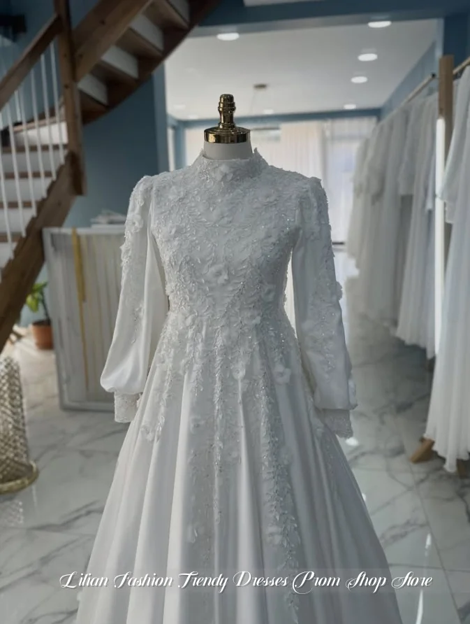 Customized White Muslim Wedding Dress High Neck Long Lantern Sleeve 3D Floral Beaded Chiffon Modest Bridal Gown Engagement Dress