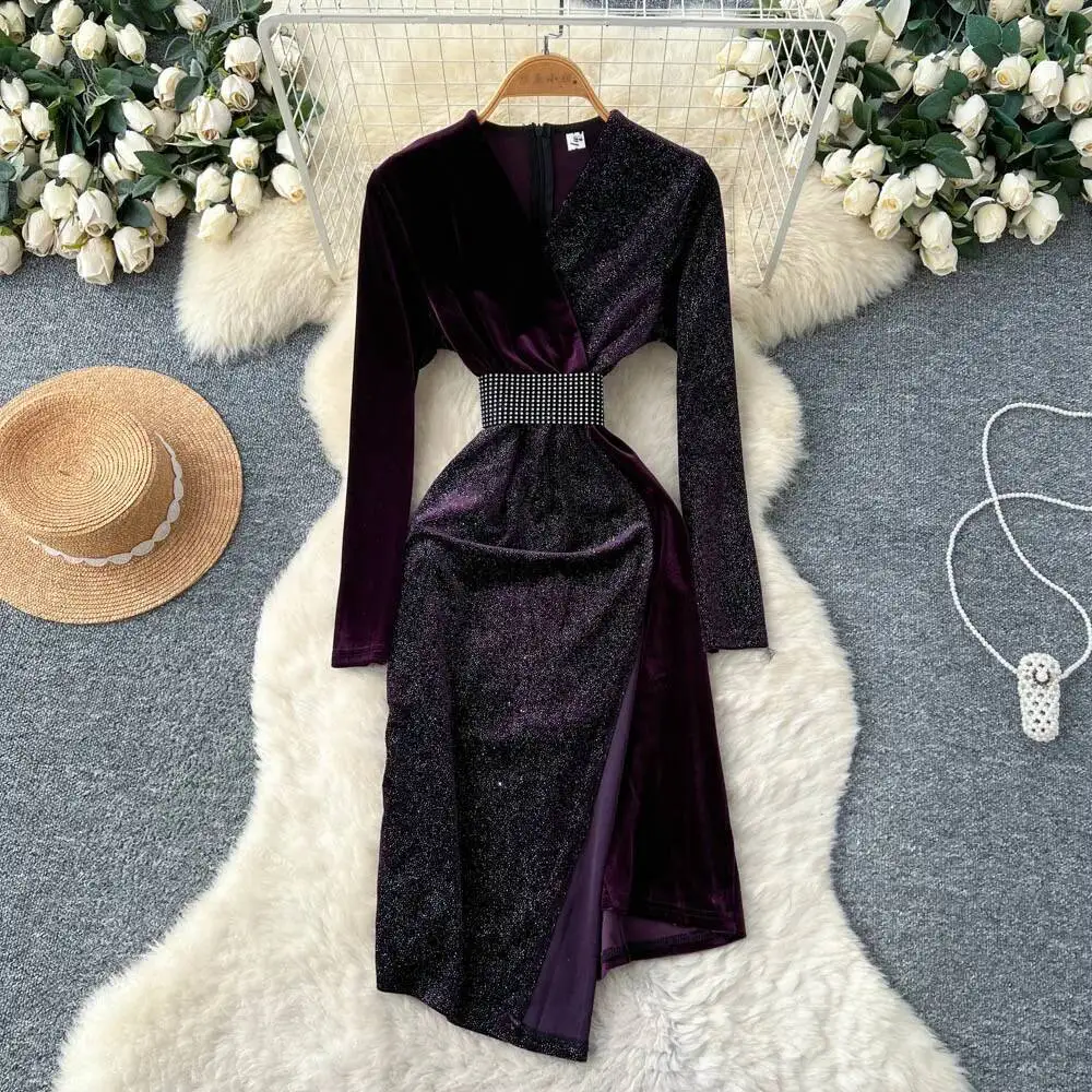 Chic vintage long sleeve Spliced velour Evening Party dress Women High Street ceremony dresses