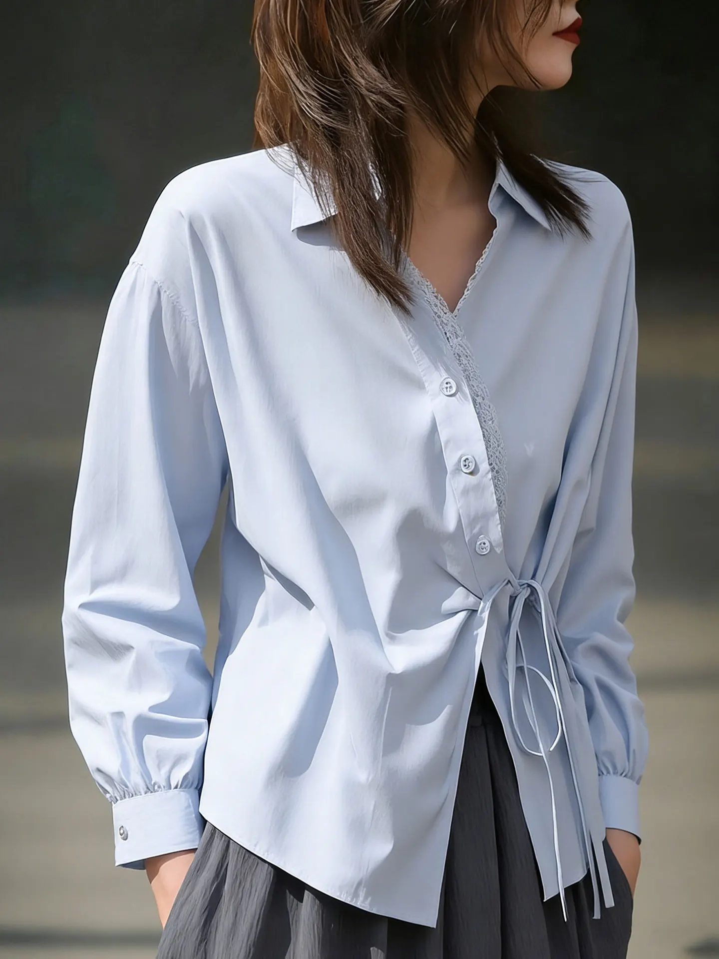 

Элегантный корейский дизайн, кружевной пэчворк, длинный рукав, весенняя модная блузка с поясом на талии, женский топ, высококачественный европейский бренд