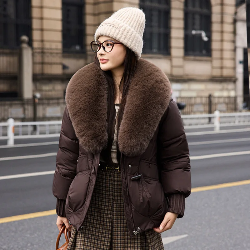 2026 Fashion Big Fur Collar Down Cotton-padded Jacket Women's Short Parkas Winter Streetwear Outerwear Lady Thicken Loose Coats