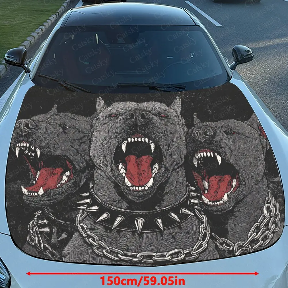 A Three Headed Bully Dog Car Hood Sticker, Automotive Exterior Customization, Durable PVC Vinyl Wrap