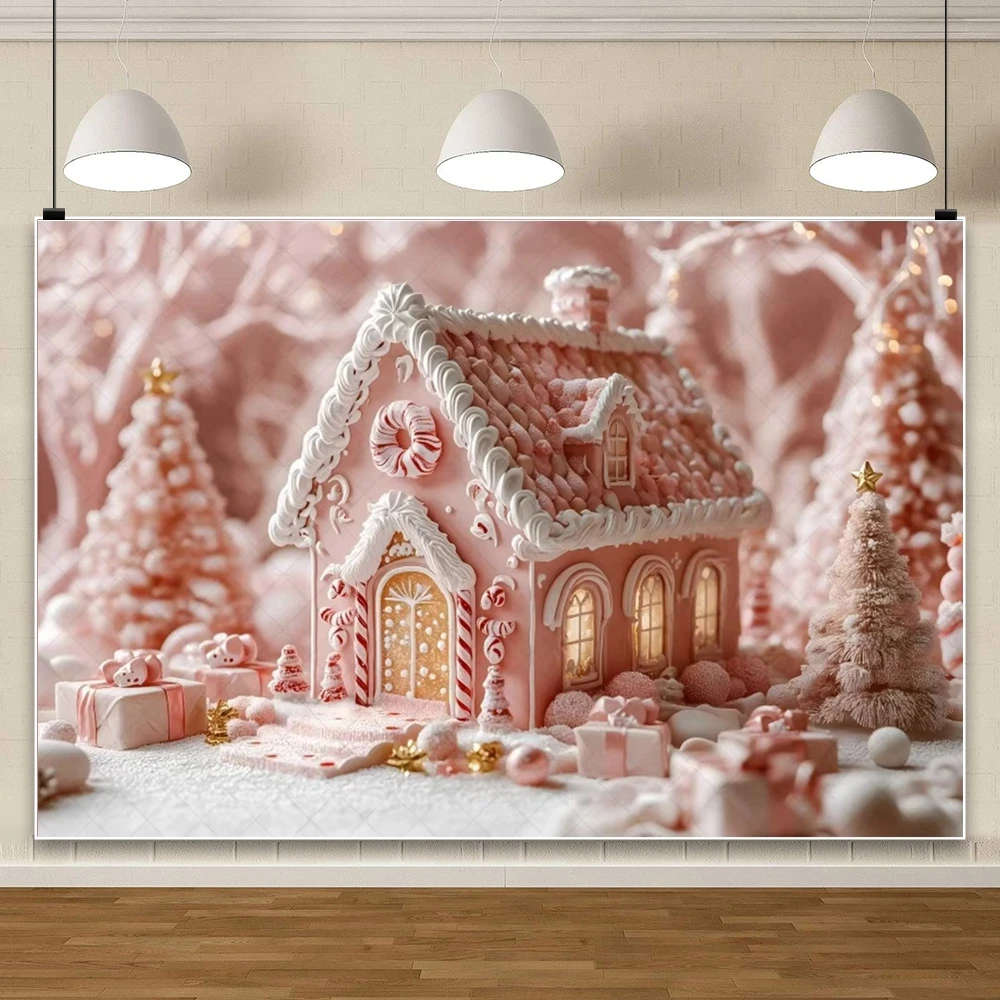 Pink Peppermint Gingerbread House Photo Backdrops Winter Christmas Background for Kids Adult Photography Child Baby Photo Props