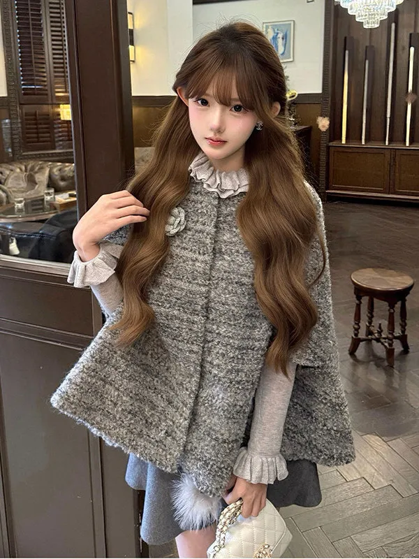 

Elegant Grey Cowl Neck Poncho with Skirt Base Layer Inner Wear Three Piece Set for Women Luxury Fashion Autumn Winter Spring