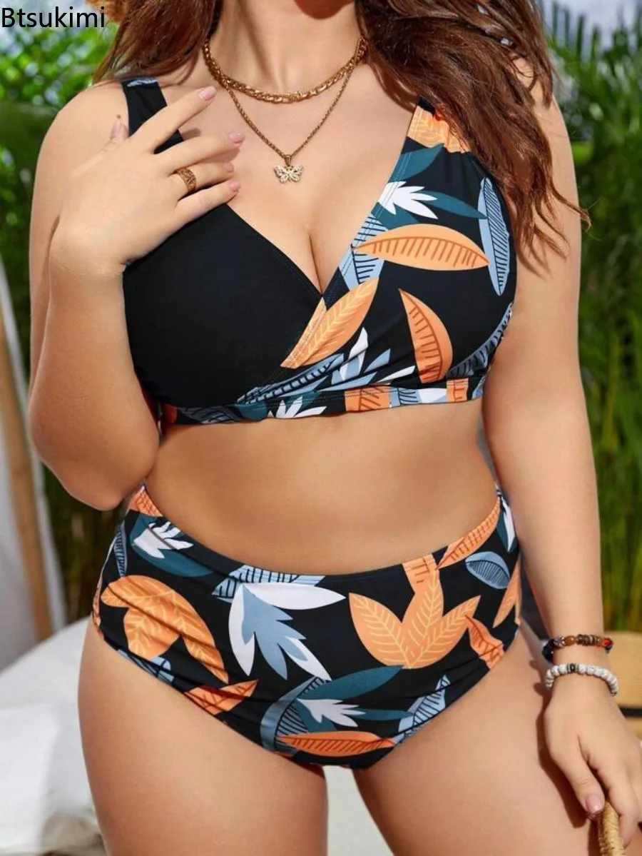 Women's Plus Size High Waisted Bikini Floral Sexy Gathering Swimsuit Deep V-split Swimsuit Summer Ladies Belly Hugging Swimsuit - view 5