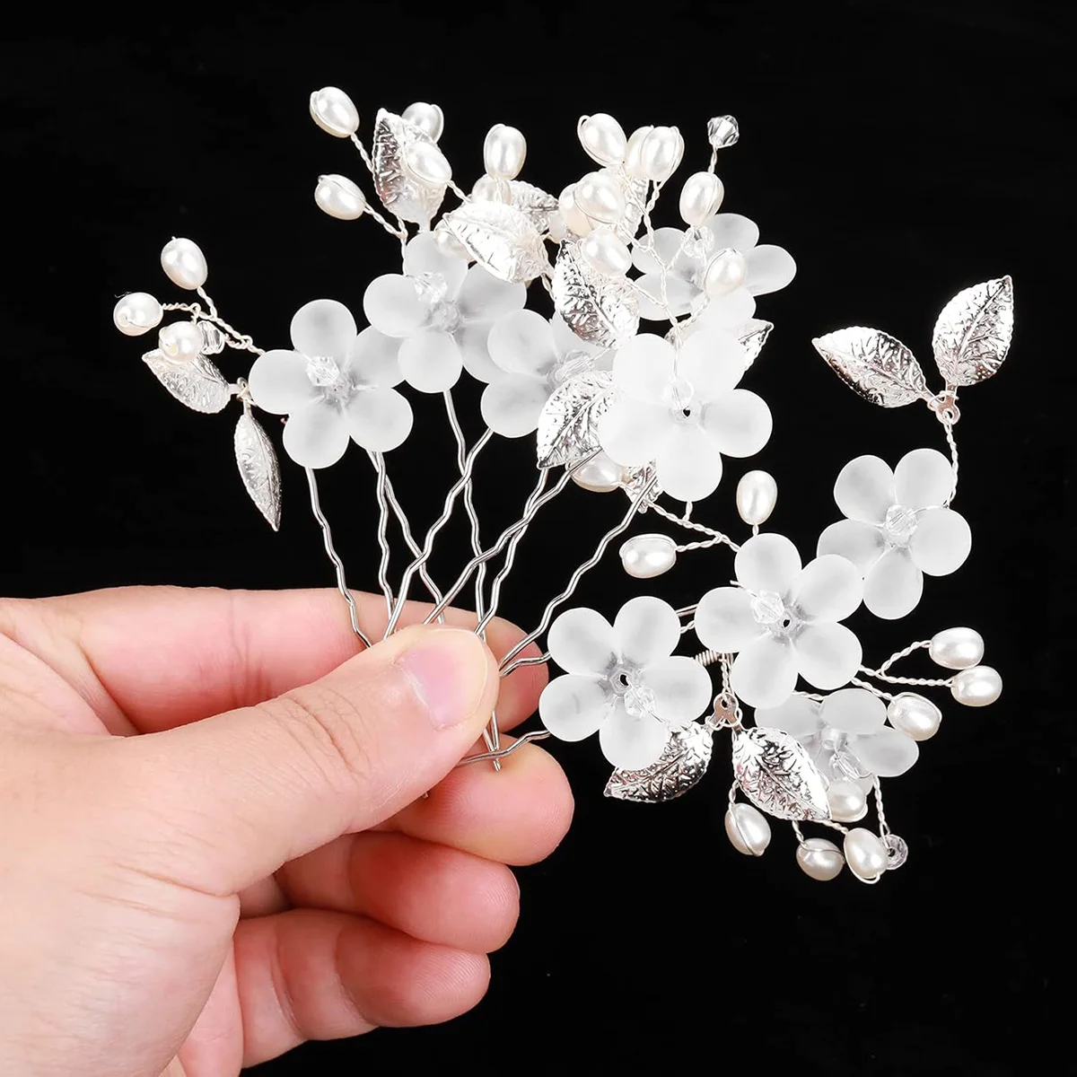 5 pcs Pearl Flower Hairpin Bridal Hair Clip Silver Fashion W