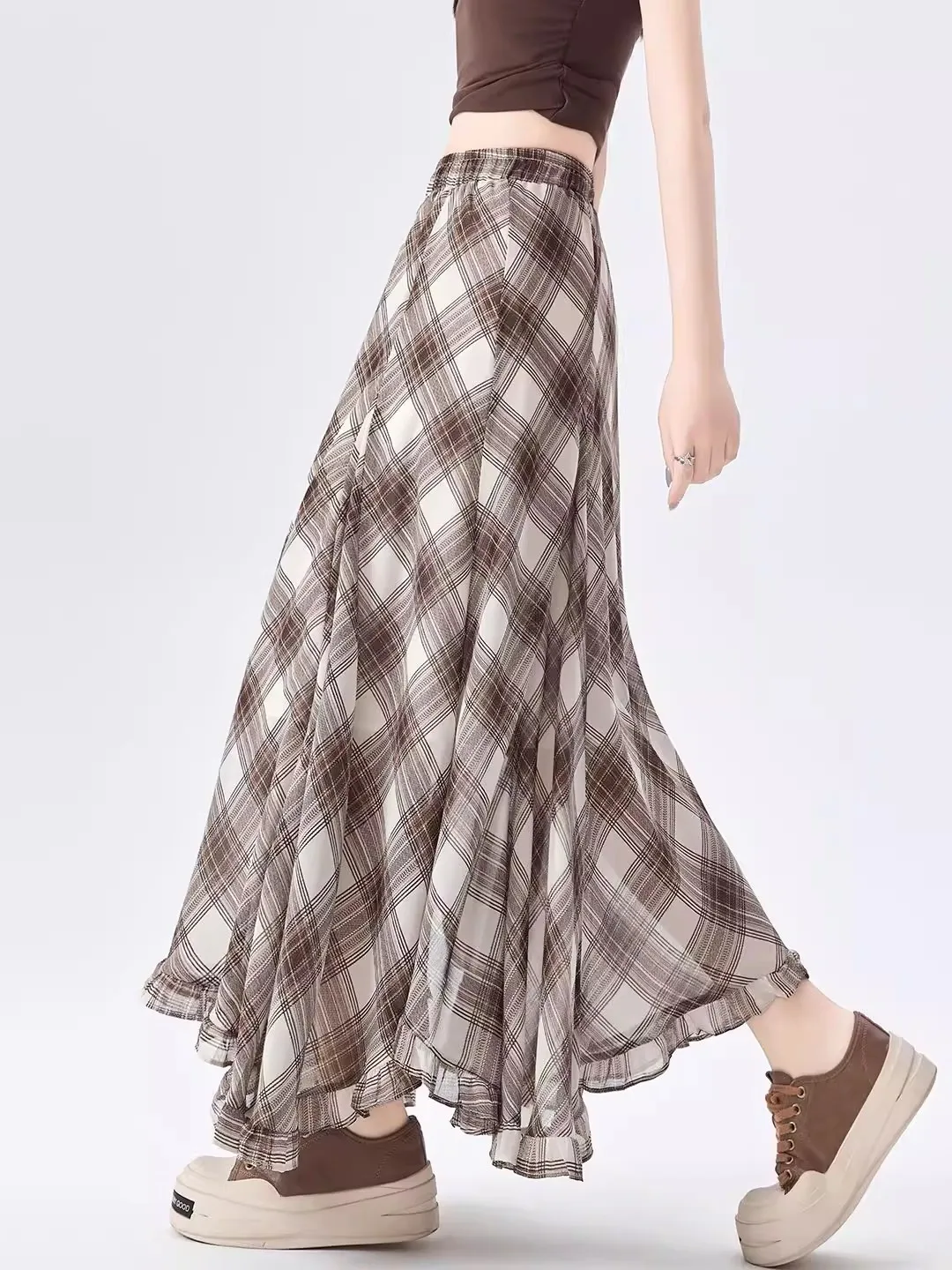 Summer New Plaid Chiffon Women's Skirt High Waist Drapey A-Line Midi Dress Regular Fit Commute Style with  Polyester Fiber