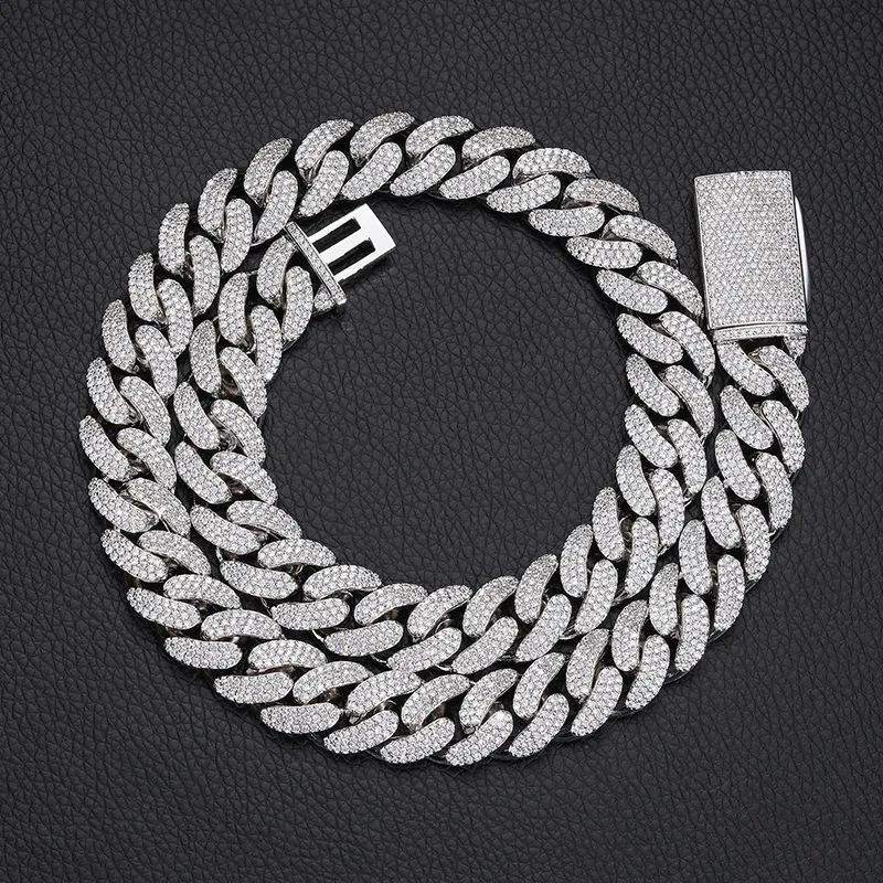 New High Quality Necklace 15mm Inlaid Three Rows Men's Necklace Hip Hop Trendy Street Jewelry