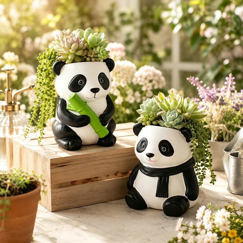 Traditional Lovely Cartoon Resin Panda Shape Succulent Plant Pot Cultural Souvenir Desktop Balcony Tabletop Decor Figurine