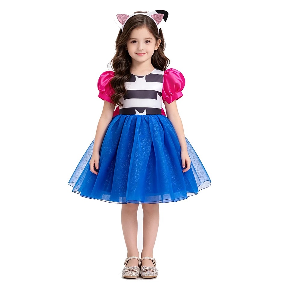 Kids Cat Theme Cosplay Dress Girls Puff Short Sleeve Striped Bodice Sparkly Blue Tulle Dress For Birthday Party Casual Wear