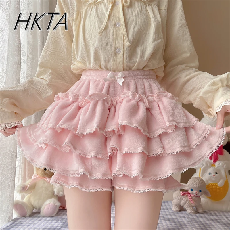 Japanese Soft Girl Lolita Skirt Women Autumn and Winter Thickened Warm Jk Velvet Leggings Shorts Fluffy Lantern Pleated Skirt