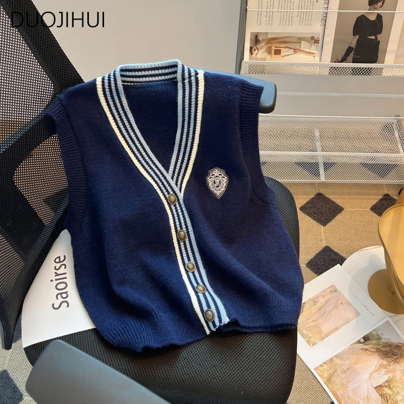 DUOJIHUI Preppy Style Spell Color Chicly Cardigan Female Sweater Vest New Vintage Basic V-neck Fashion Button Women Sweater Vest