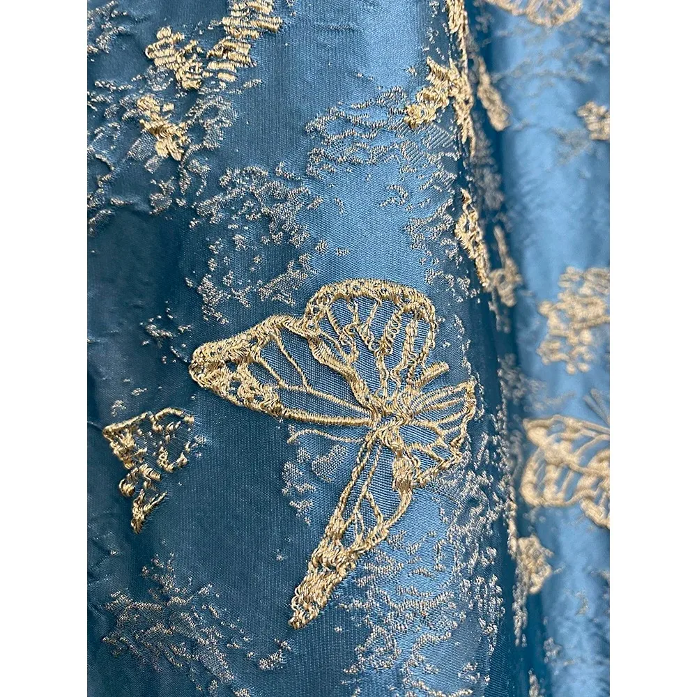 Blue Grey Butterfly Gold Silk Embossed Jacquard Curtains For Bedroom Living Room French Window Villa Customized Finished Product