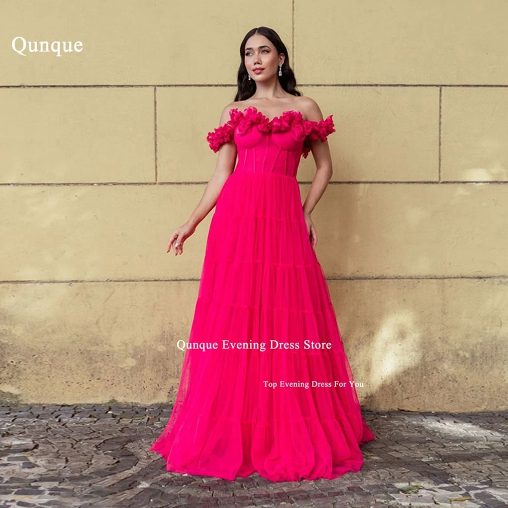 Qunque Women Prom Dresses Off The Shoulder Sleeves Evening Dress A-line Fuchsia 3D Flowers Formal Occasion Dresses Customized