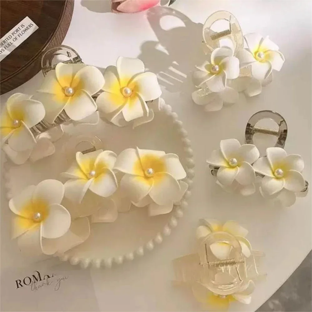 Summer Fashion Plumeria Hair Claw for Women Sweet White Flowers Hair Clips Shark Clip Girls Seaside Hair Accessories