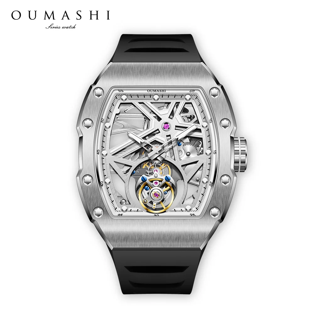 นาฬิกาตูร์บิญองสำหรับผู้ชาย ตัวเรือนสแตนเลส กระจกแซฟไฟร์ กันน้ำ นาฬิกากลไกเปลือย แสดงเวลาแบบเรืองแสงสีเขียว นาฬิกาหรูสำหรับนักธุรกิจ