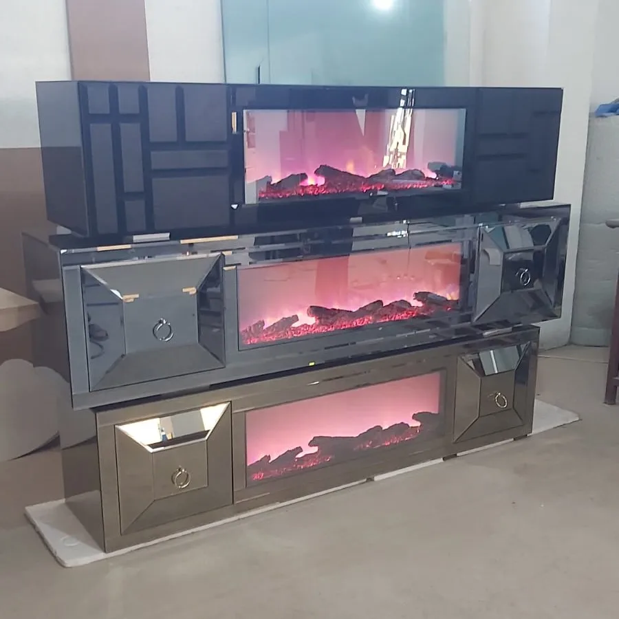 *Mirror Electronic Fireplace Coffee Table Modern Luxury Gold Silver Wooden with Bluetooth Connection Hot Selling Product