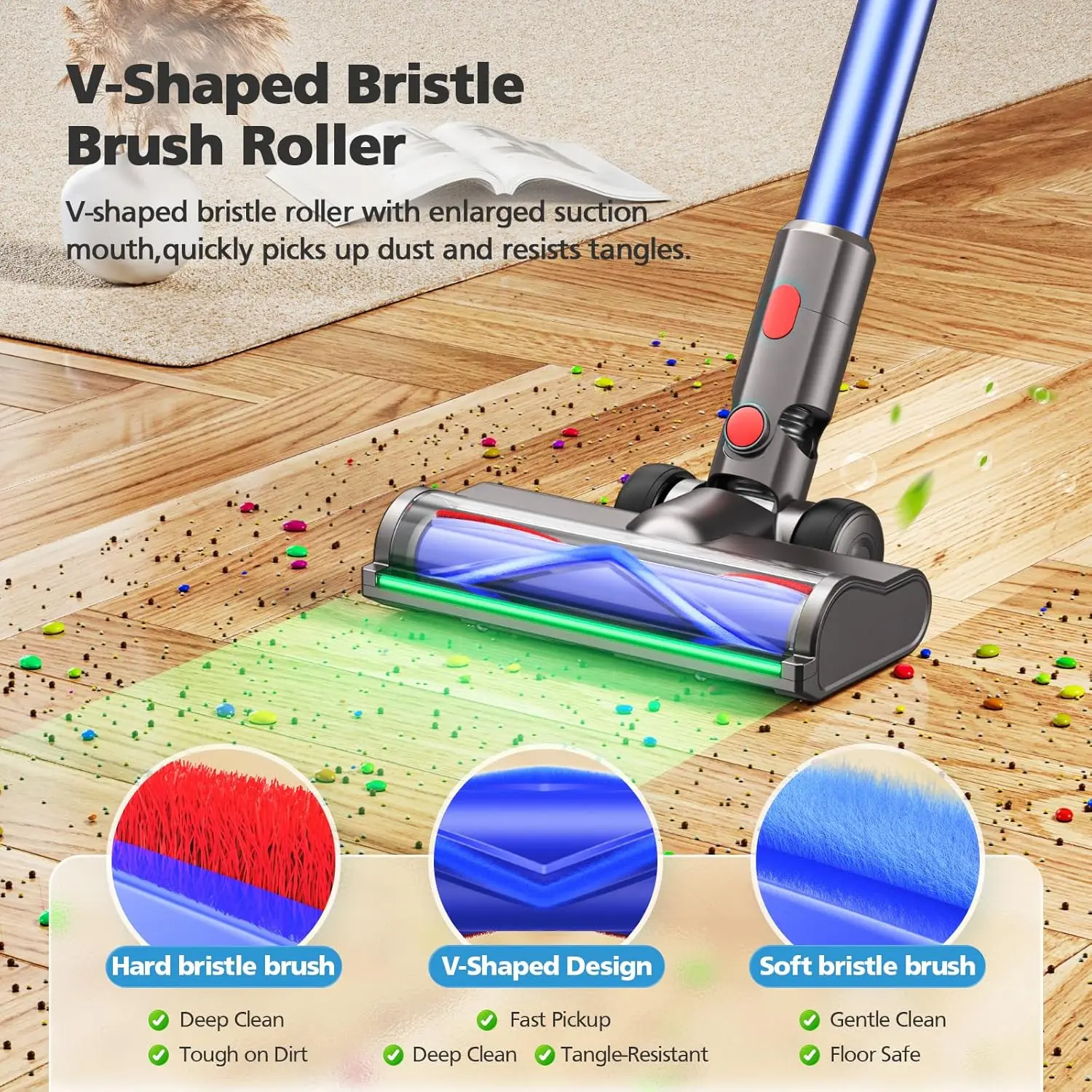 Vacuum Brush Head For Dyson V7 V8 V10 V11 V15 Vacuum Cleaner with Green LED light strip and pulley