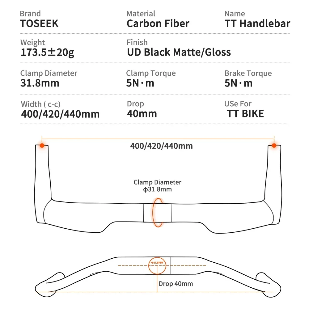 TOSEEK TT20 Carbon Road Bike Handlebar Bicycle Rest Relax TT Handlebar 400/420/440MM Ultralight Race Bike Rest TT Bar