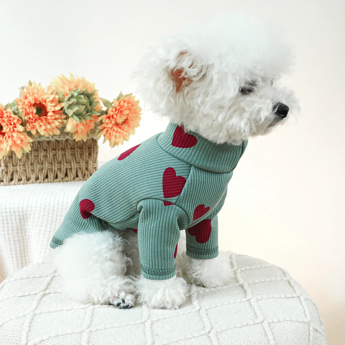 1PC Pet Clothing Dog Cat Spring and Autumn Thin Green Love High Neck Elastic Pullover Pajamas Home Clothes For Small Medium Dogs