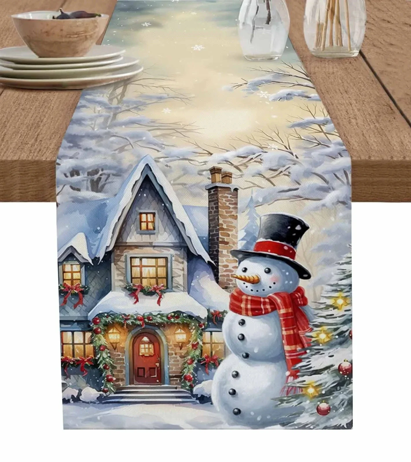 Christmas Snowman Barn Linen Table Runners Dresser Scarf Table Decor Winter Xmas Dining Table Runners Christmas Decorations 2024