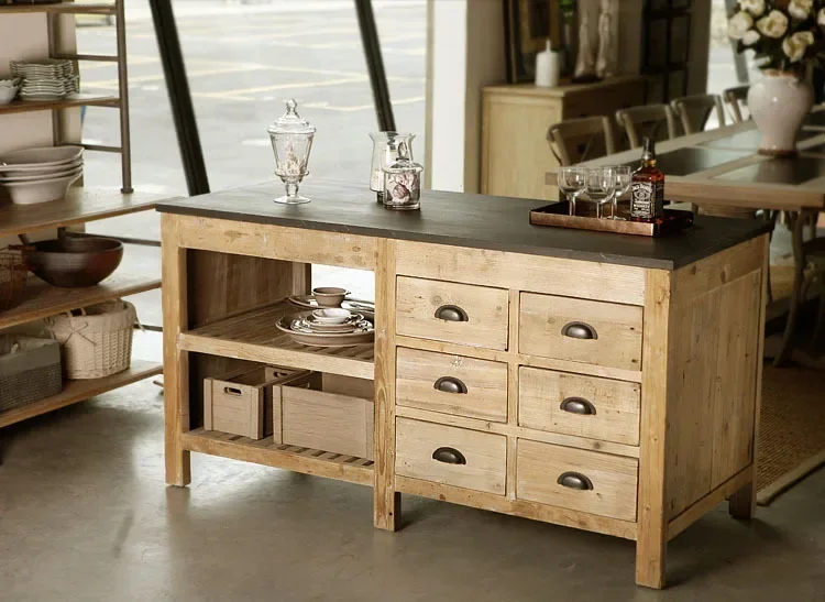 

North American multi-functional retro solid wood dining side cabinet cupboard creative kitchen island desk operation table meal