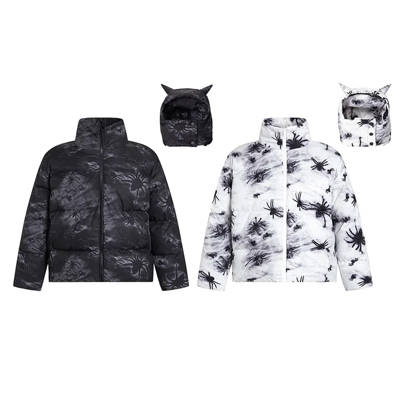 Parka retrô com estampa de aranha masculina com chapéu destacável, jaqueta acolchoada, quente, soprador, bolha, hip hop, rua alta, harajuku, inverno, casaco unissex