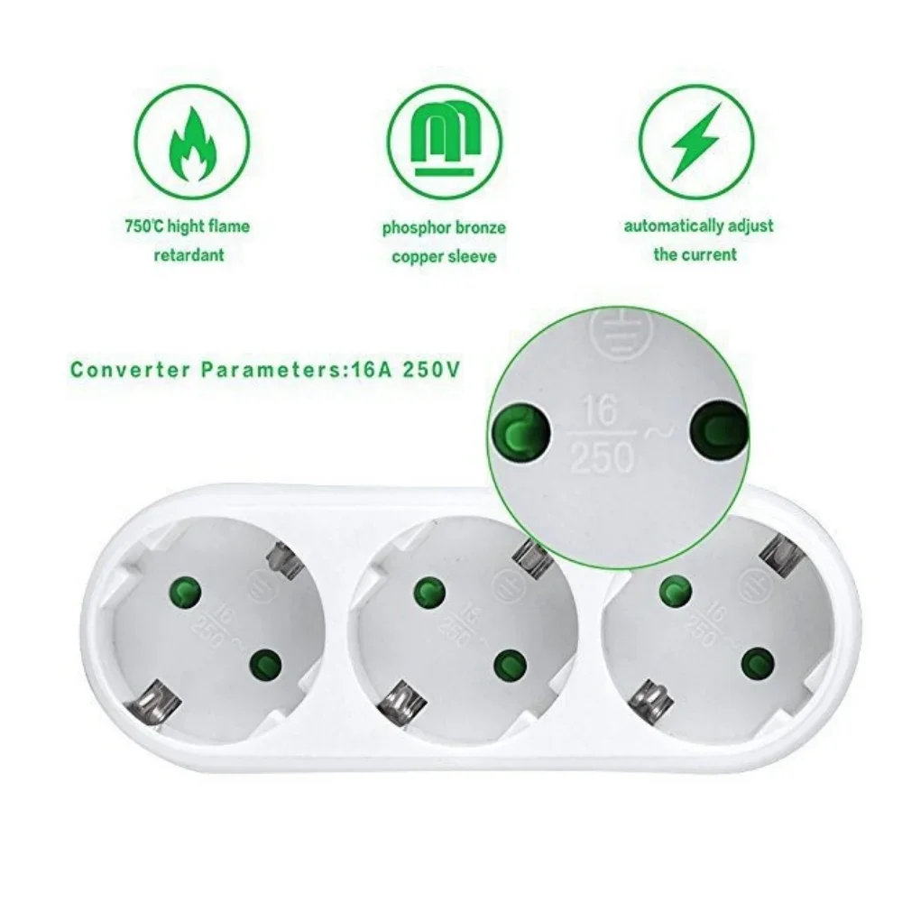 EU 3 Way Power Strip Adapter European Standard 16A 250V Multi Plug Outlet Wall Extender with Childproof Safety for Home Office