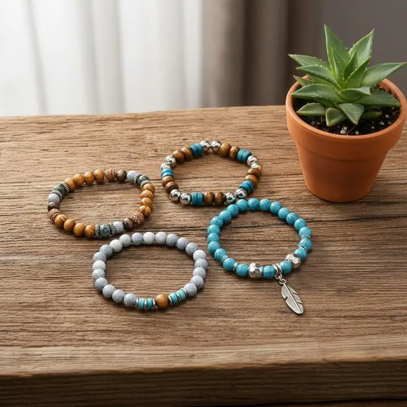 4-teiliges Set Bohemian Vintage Mehrschichtige Perlenarmbänder für Männer, Türkis, Ethnische Naturstein-Blätter-Armbänder, Geschenke für Freunde – Detail 1