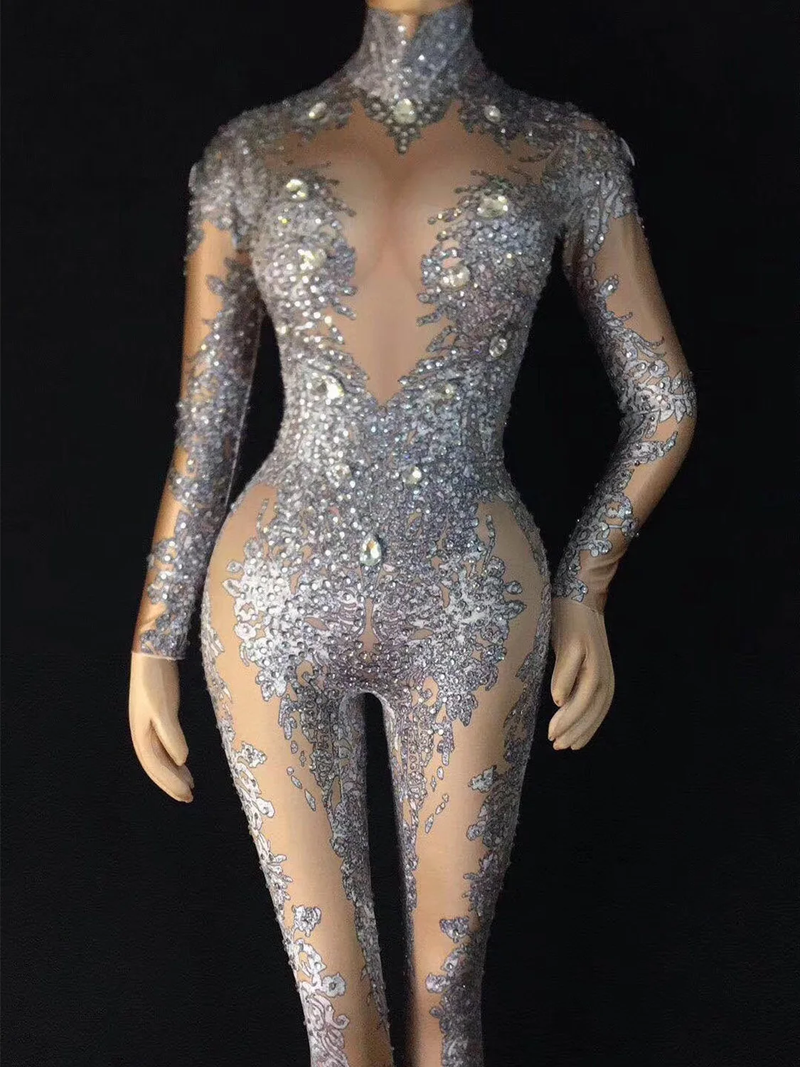 

High Neck Women Shining Crystal Rhinestones Sexy Stage Singer Perform Jumpsuits