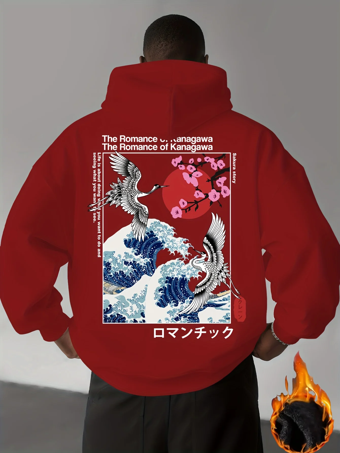 اليابان Ukiyoe ساكورا وموجة كبيرة كاناغاوا طباعة الرجال النساء مقنعين البلوز الخريف الشتاء اللياقة البدنية اليومية ملابس رياضية فضفاضة دافئة غير رسمية #2